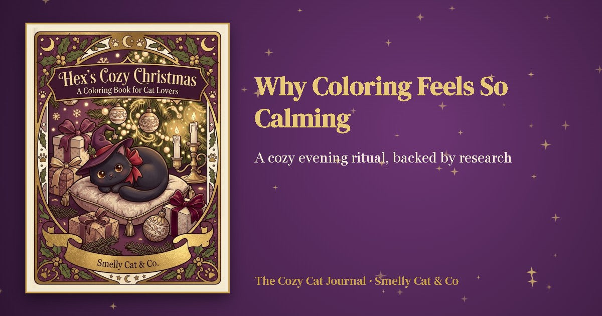 Hex's Cozy Christmas coloring book cover with the title Why Coloring Feels So Calming
