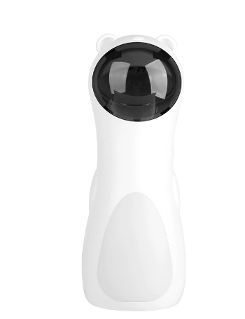 Front view of the white Laser Hunt Cat Toy with cat-ear top and black dome lens