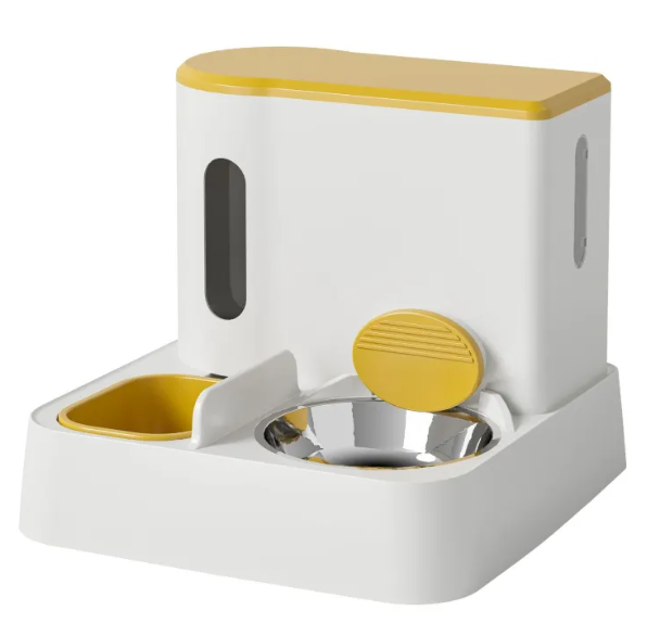 AutoServe Cat Feeder & Water System in cream yellow with yellow water bowl and stainless steel food bowl