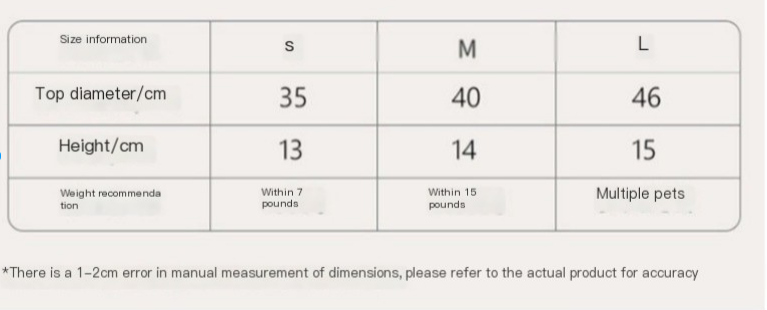 Size chart for the woven cat bed: S 35 cm, M 40 cm, L 46 cm
