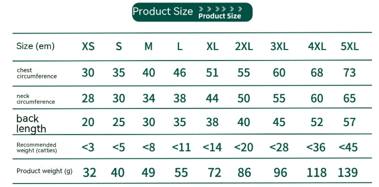 Size chart for the knit cat sweater vest in cm, XS to 5XL