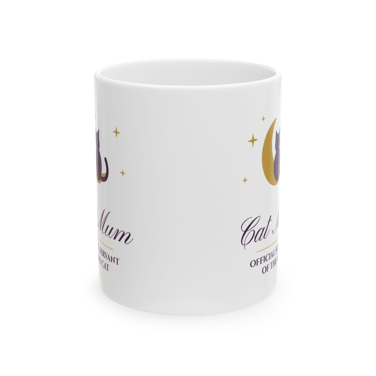 Cat Mum mug: Official Servant of the Cat, plum and gold moon design