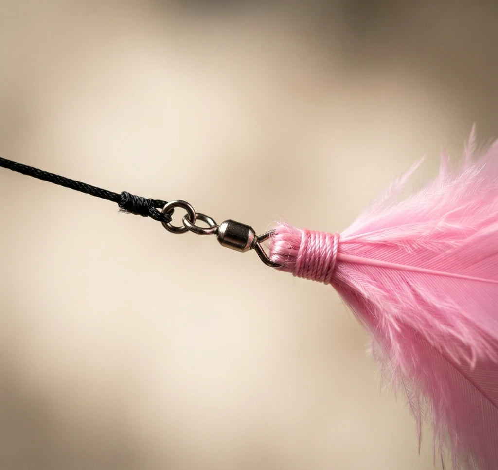 Close-up of the Feline Fun Teaser Wand's dangling feather toy
