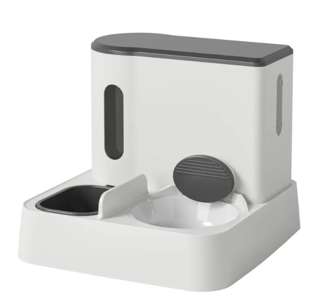 AutoServe Cat Feeder & Water System in gray with gray water bowl and white food bowl