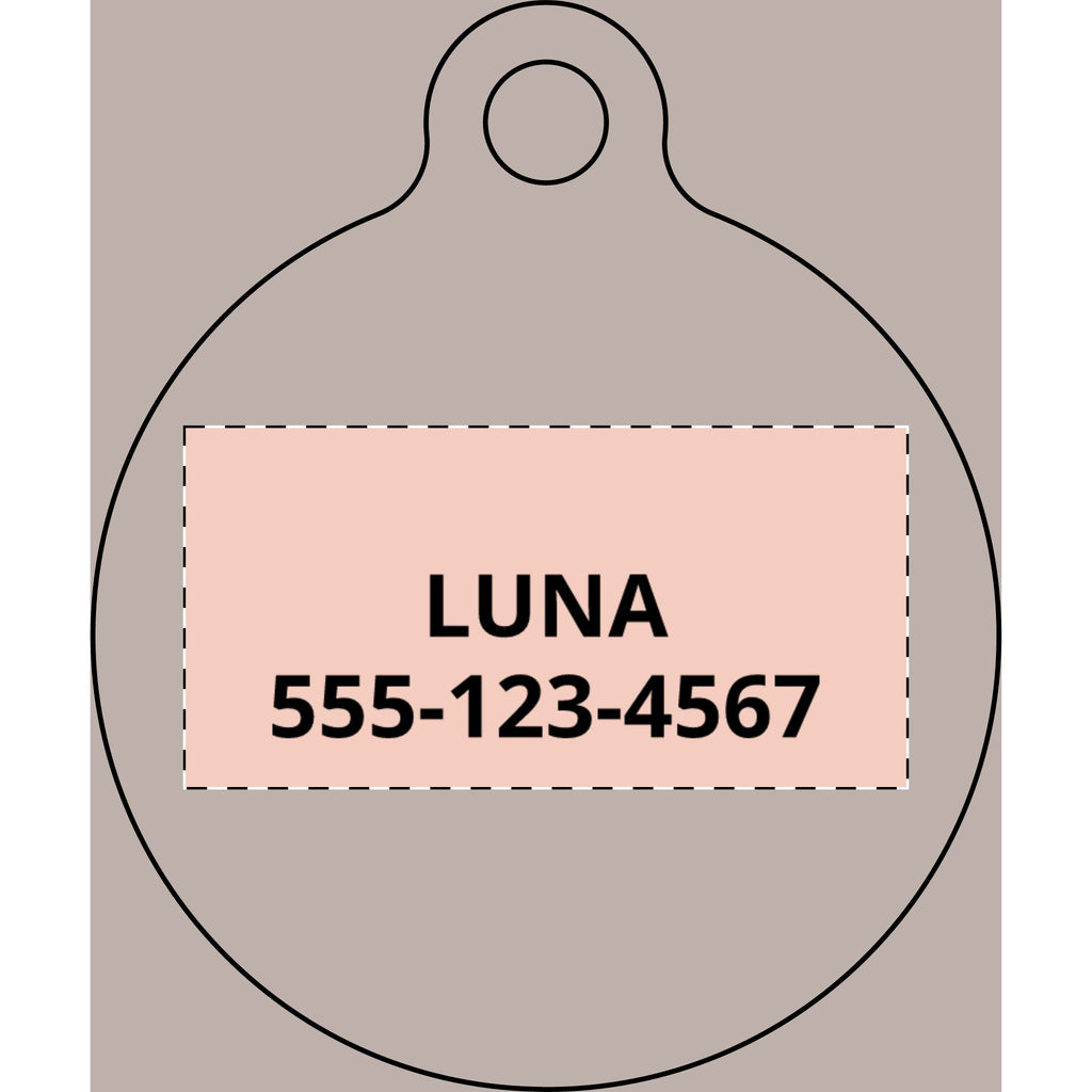 Engraving layout: cat's name on line 1, phone number on line 2