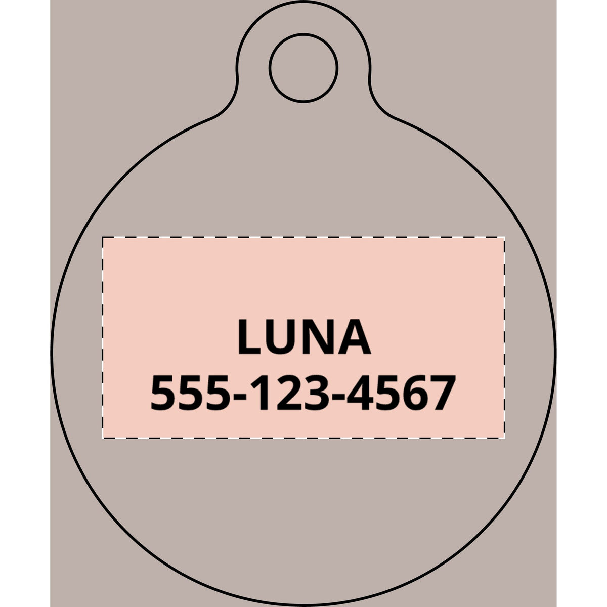 Engraving layout: cat's name on line 1, phone number on line 2