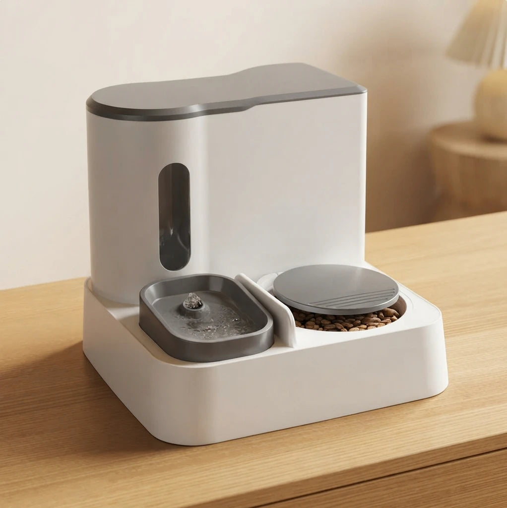 Angled view of the AutoServe feeder with its gray water bowl and a food bowl filled with kibble