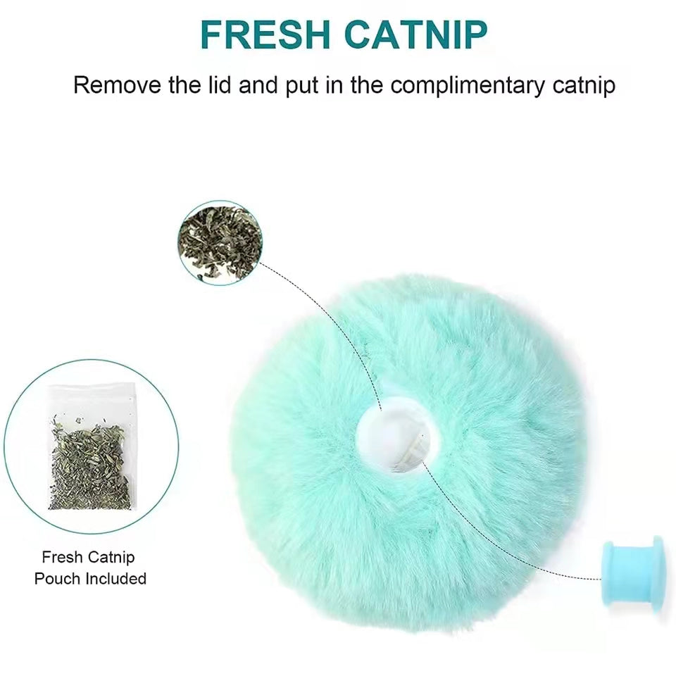 Fluffy chirping ball with refillable catnip compartment