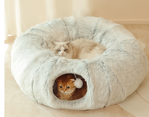 Plush Donut Cat Bed with Tunnel