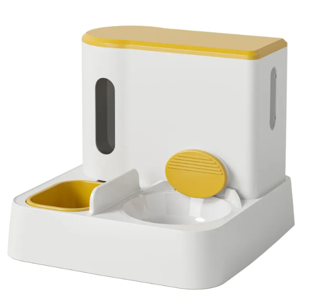 AutoServe Cat Feeder & Water System in cream yellow with yellow water bowl and white food bowl