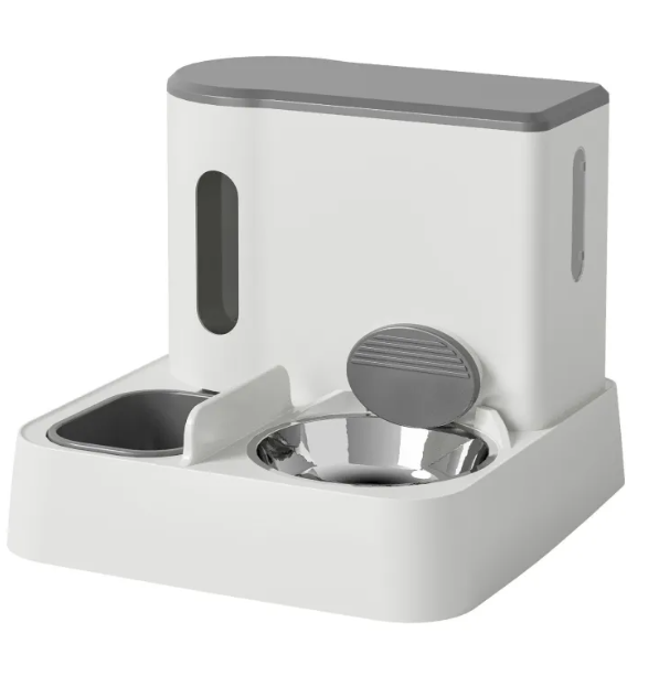 AutoServe Cat Feeder & Water System in gray with gray water bowl and stainless steel food bowl