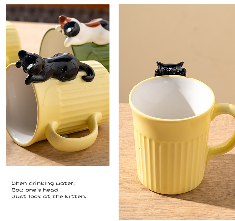 Peeking cat ceramic mug with a little cat climbing the rim