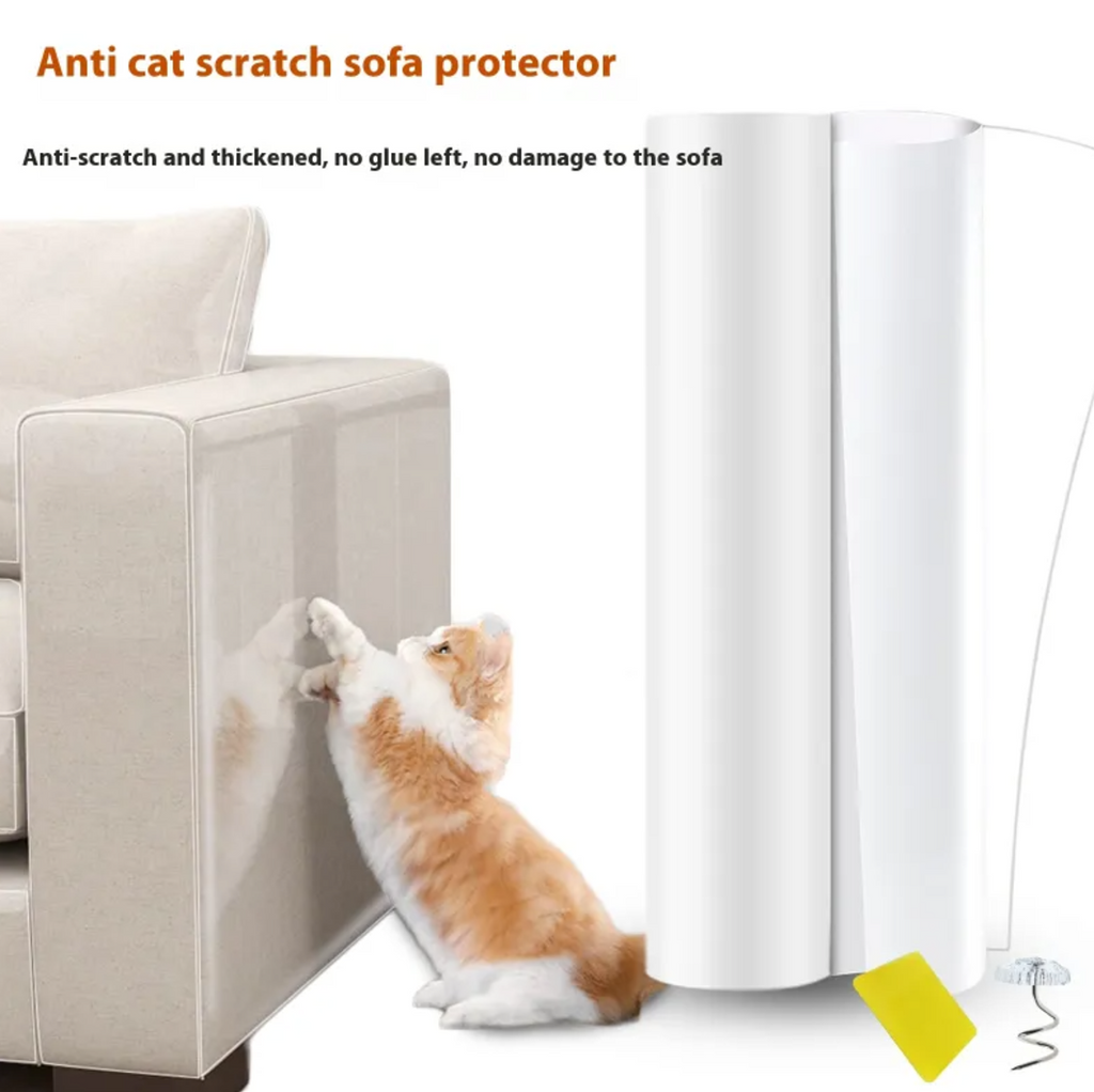 Clear anti-scratch sofa protector roll beside a sofa arm