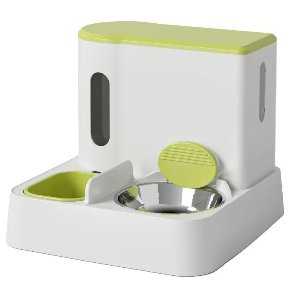 AutoServe Cat Feeder & Water System in matcha green with green water bowl and stainless steel food bowl