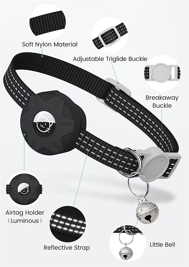 AirTag cat collar features: reflective strap, breakaway buckle, holder and bell