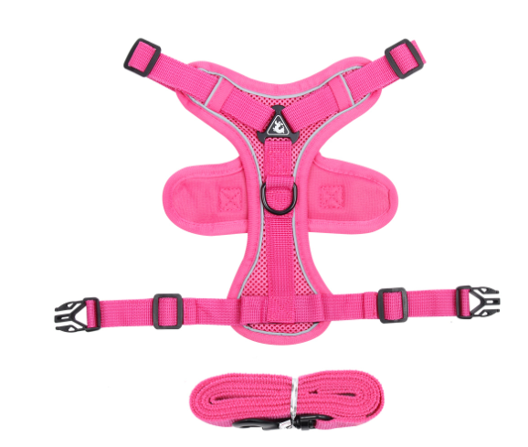 Pink reflective cat harness with matching leash