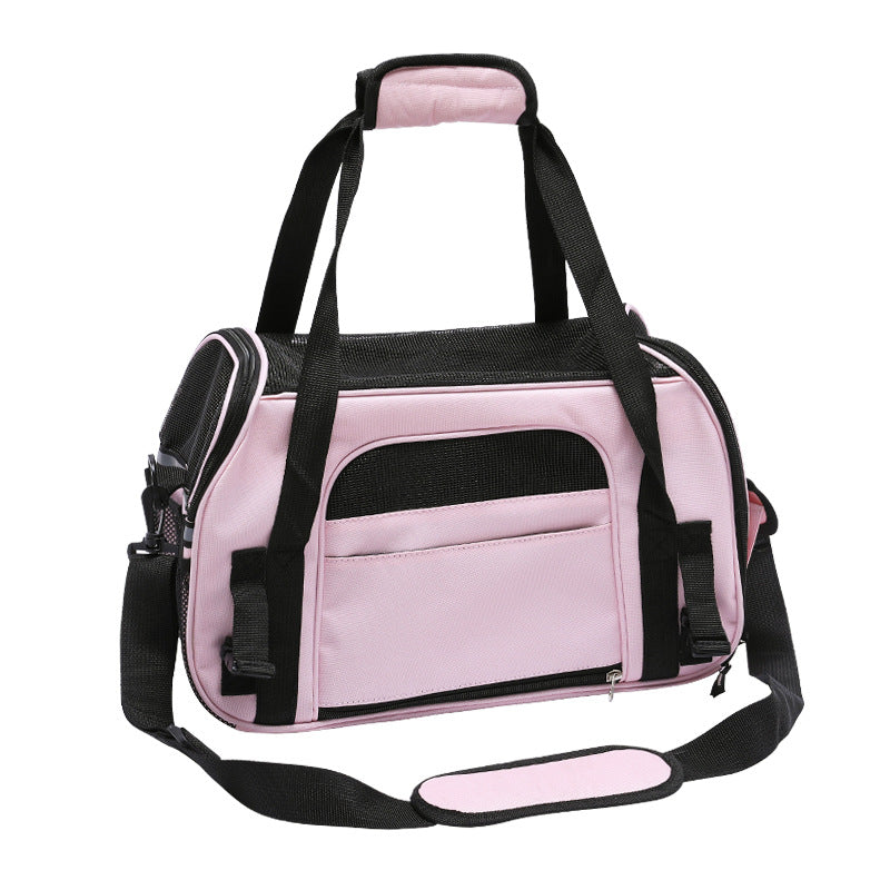 Person carrying cat travel satchel outdoors