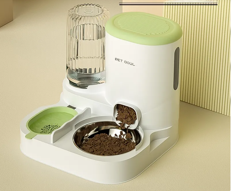 2-in-1 cat feeder and water dispenser in green with steel bowl