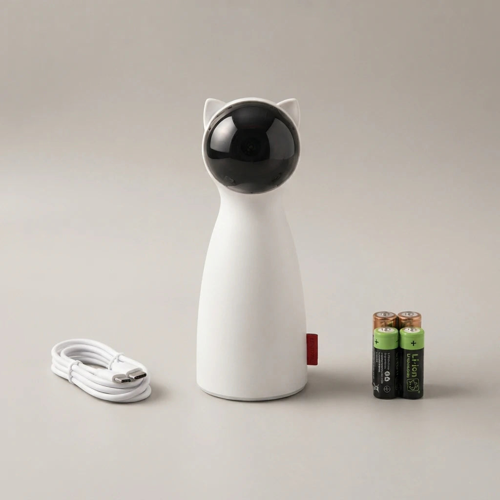 White Laser Hunt Cat Toy with its charging cable and two batteries beside it