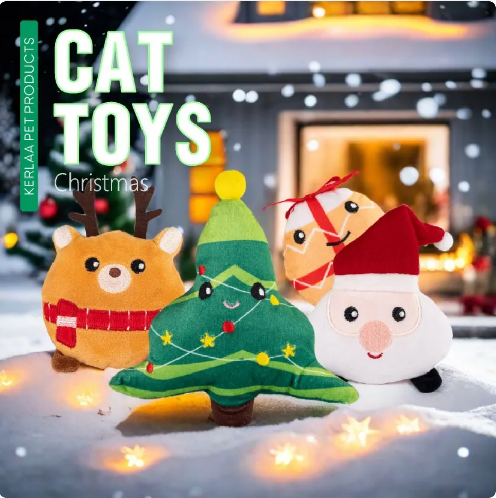 Christmas plush cat toys in a snowy scene