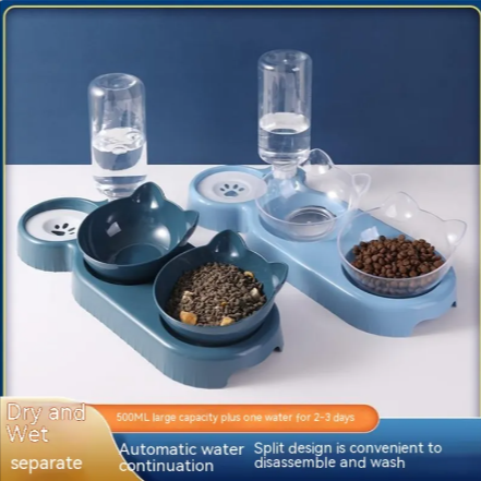 Tilted double cat bowl with water bottle in dark blue