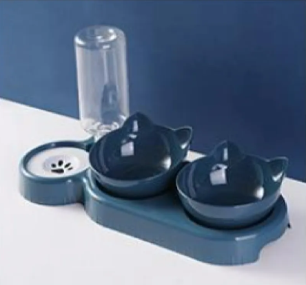 Dark blue double cat bowl with water bottle