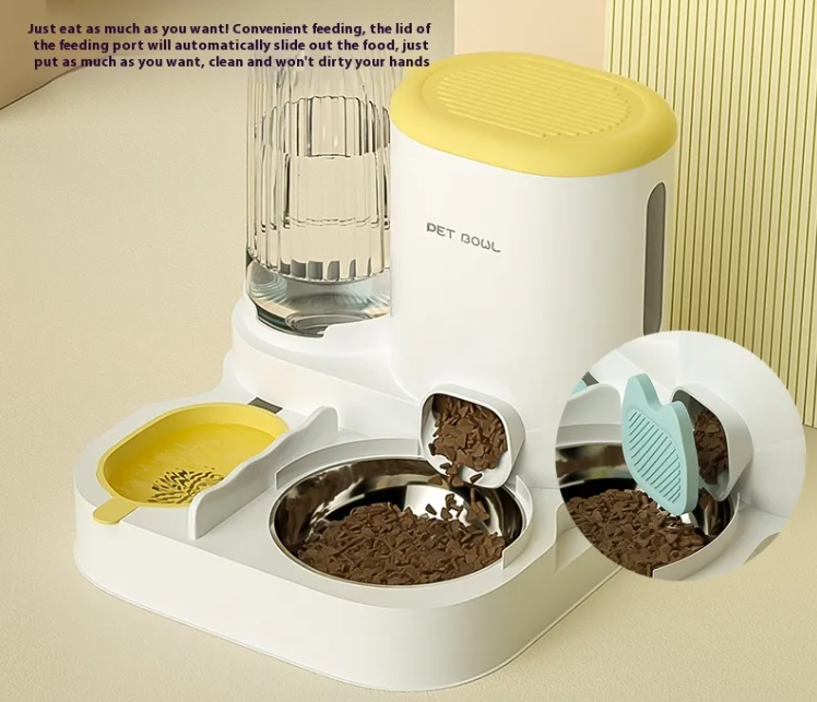 2-in-1 cat feeder and water dispenser in yellow with lid detail