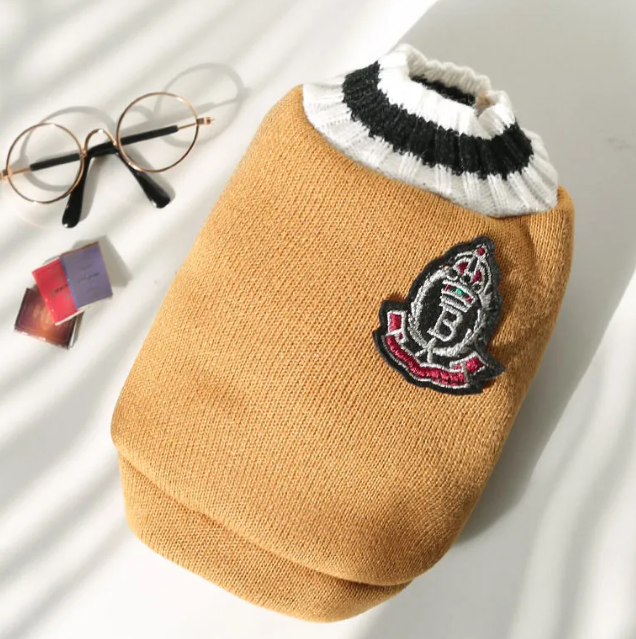 Khaki knit cat sweater vest with striped collar and badge