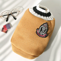 Khaki knit cat sweater vest with striped collar and badge