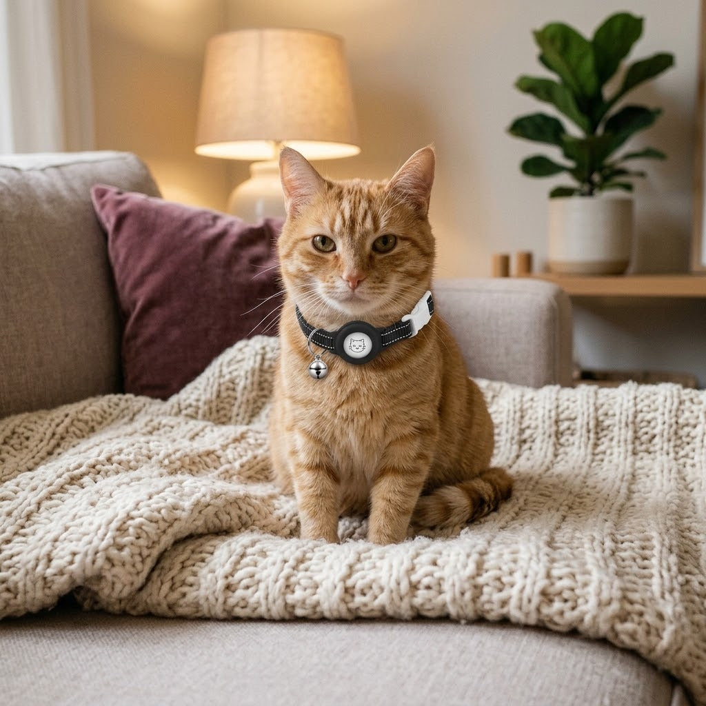 Ginger cat wearing the black reflective AirTag-compatible collar with bell on a cozy sofa (AI-styled image)
