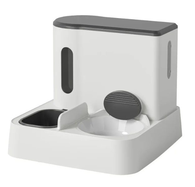 AutoServe Cat Feeder & Water System in gray, front view with gray water bowl and white food bowl