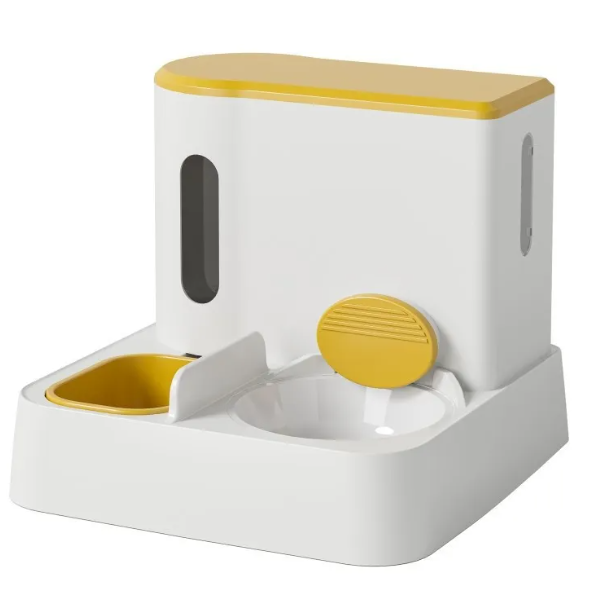 AutoServe Cat Feeder & Water System in cream yellow, front view with yellow water bowl and white food bowl