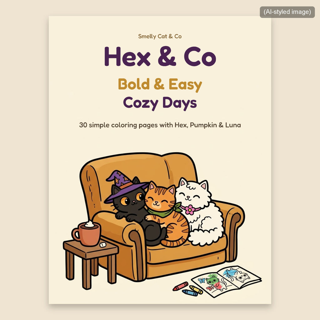Cover of Hex & Co Bold & Easy Cozy Days coloring book with Hex, Pumpkin and Luna on an armchair (AI-styled image)
