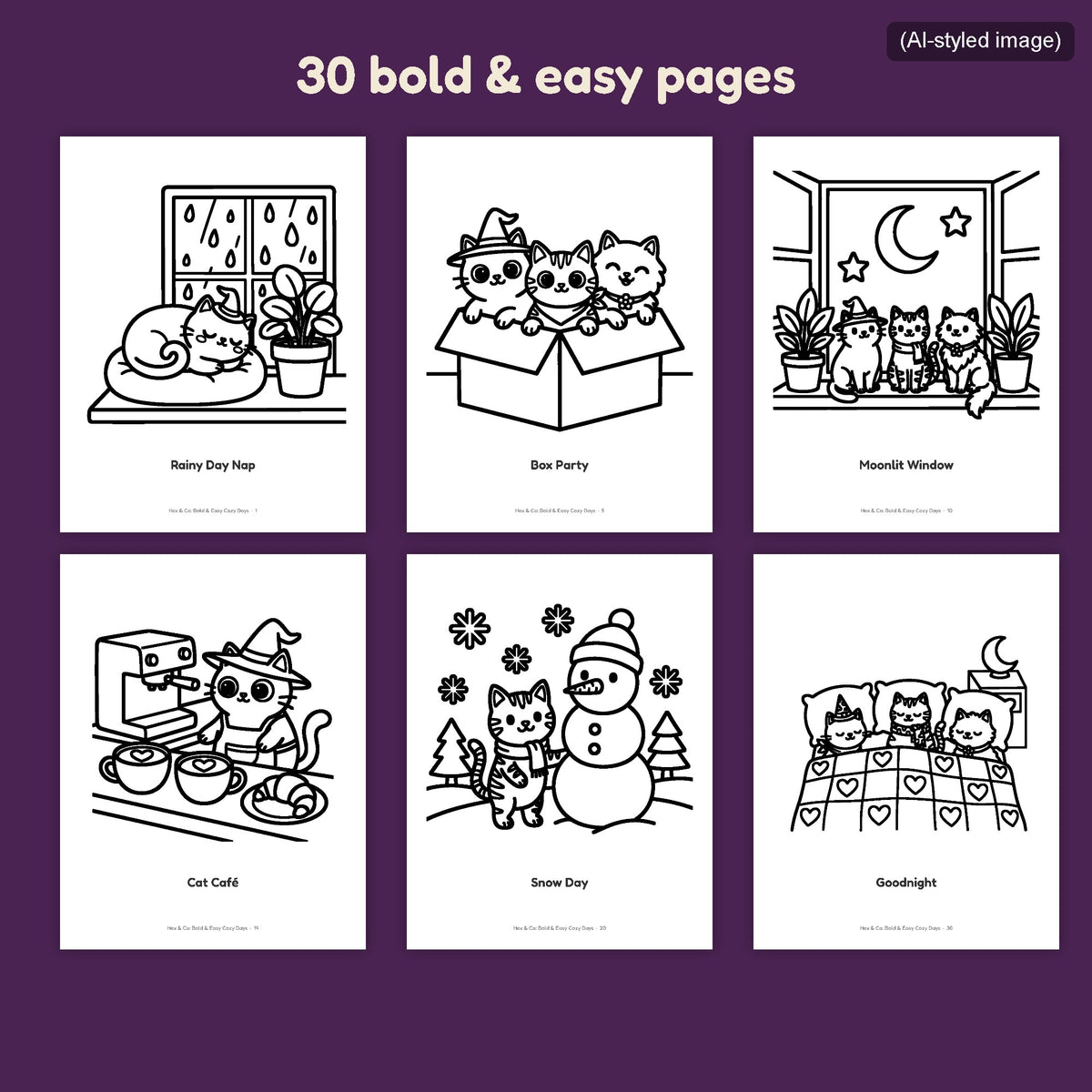 Six inside pages of the Bold & Easy Cozy Days coloring book with thick simple lines (AI-styled image)
