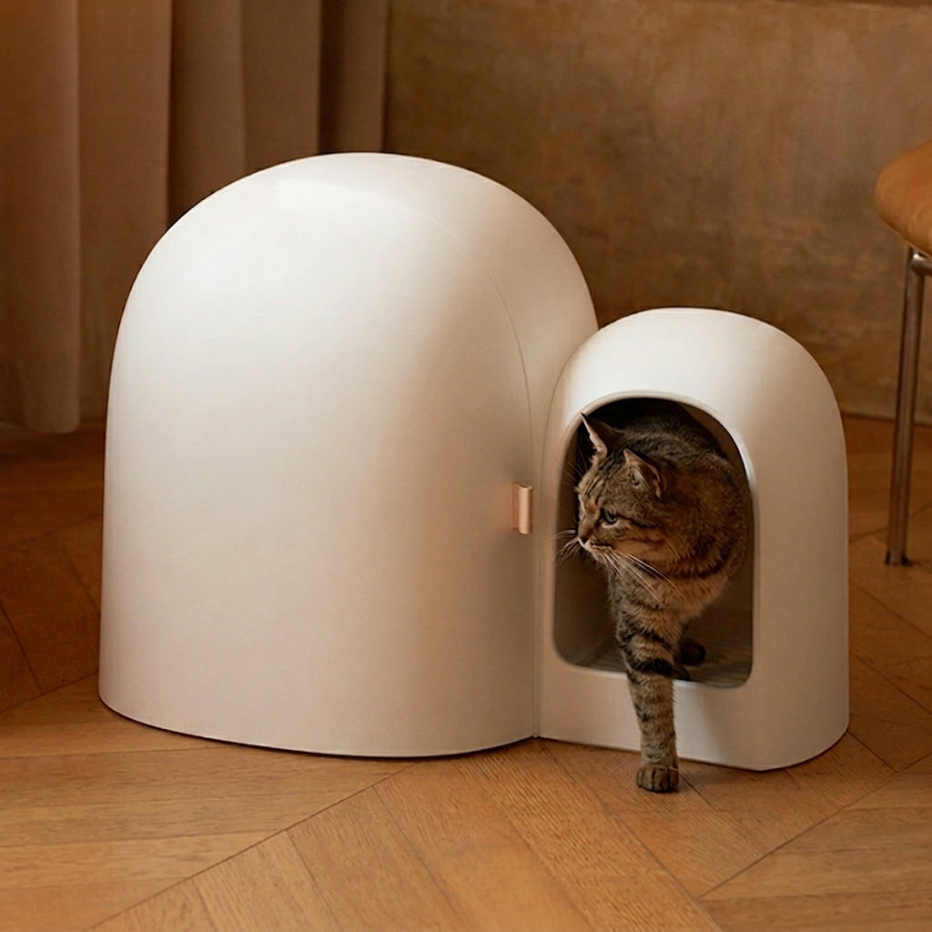 Large closed cat litter box with odor control, Milk Tea