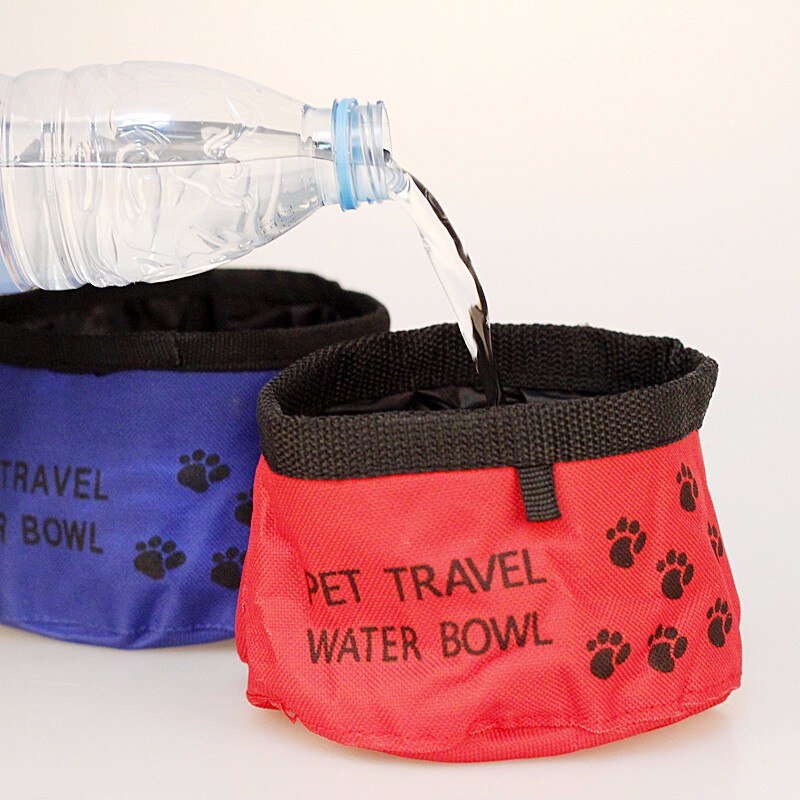 Water poured into packable fabric pet bowls