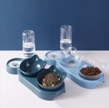 Double cat bowl with gravity water bottle, side view