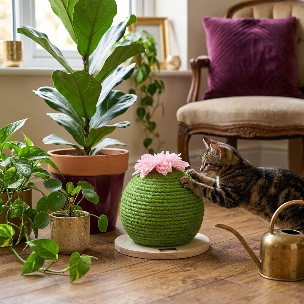 Tabby cat scratching the cactus sisal scratcher among houseplants (AI-styled image)