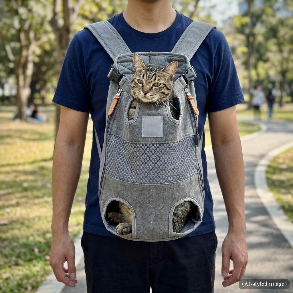 Light grey front cat carrier backpack worn in a park with a tabby cat peeking out (AI-styled image)