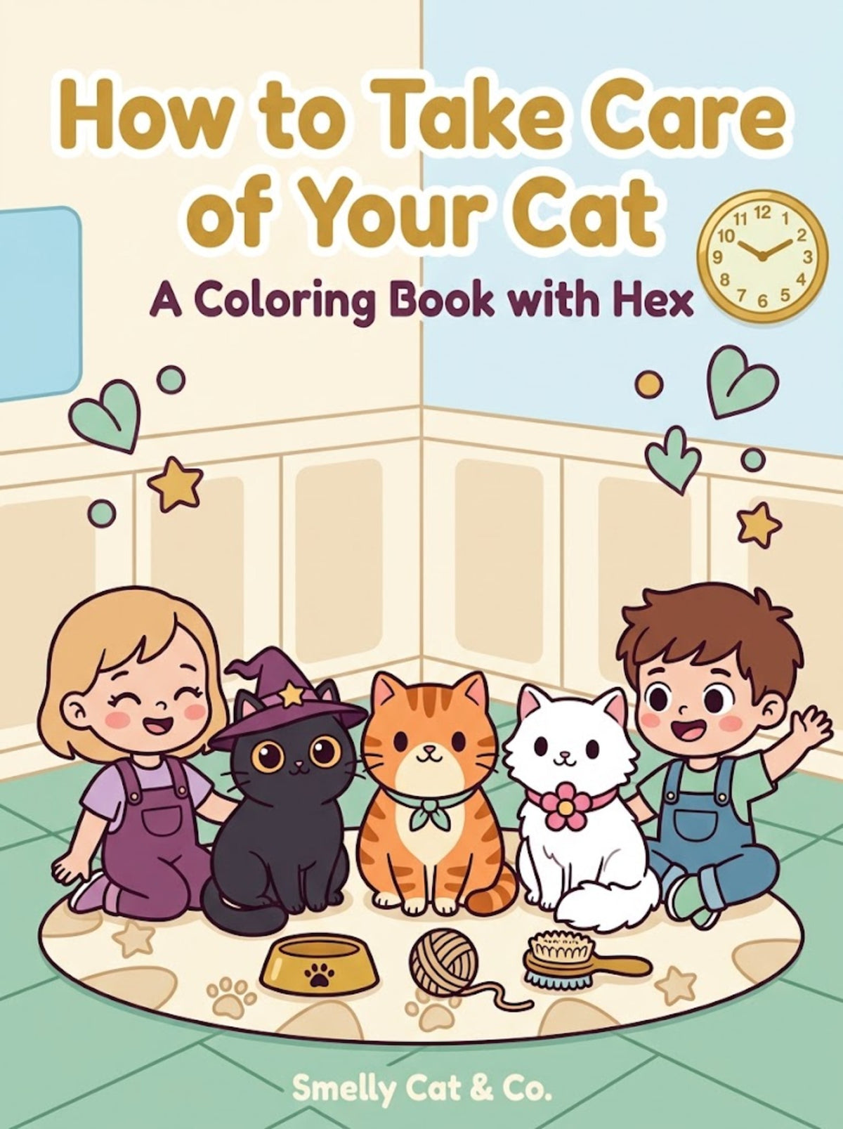 Cover of How to Take Care of Your Cat coloring book with Hex, Pumpkin, Luna and two children (AI-styled image)