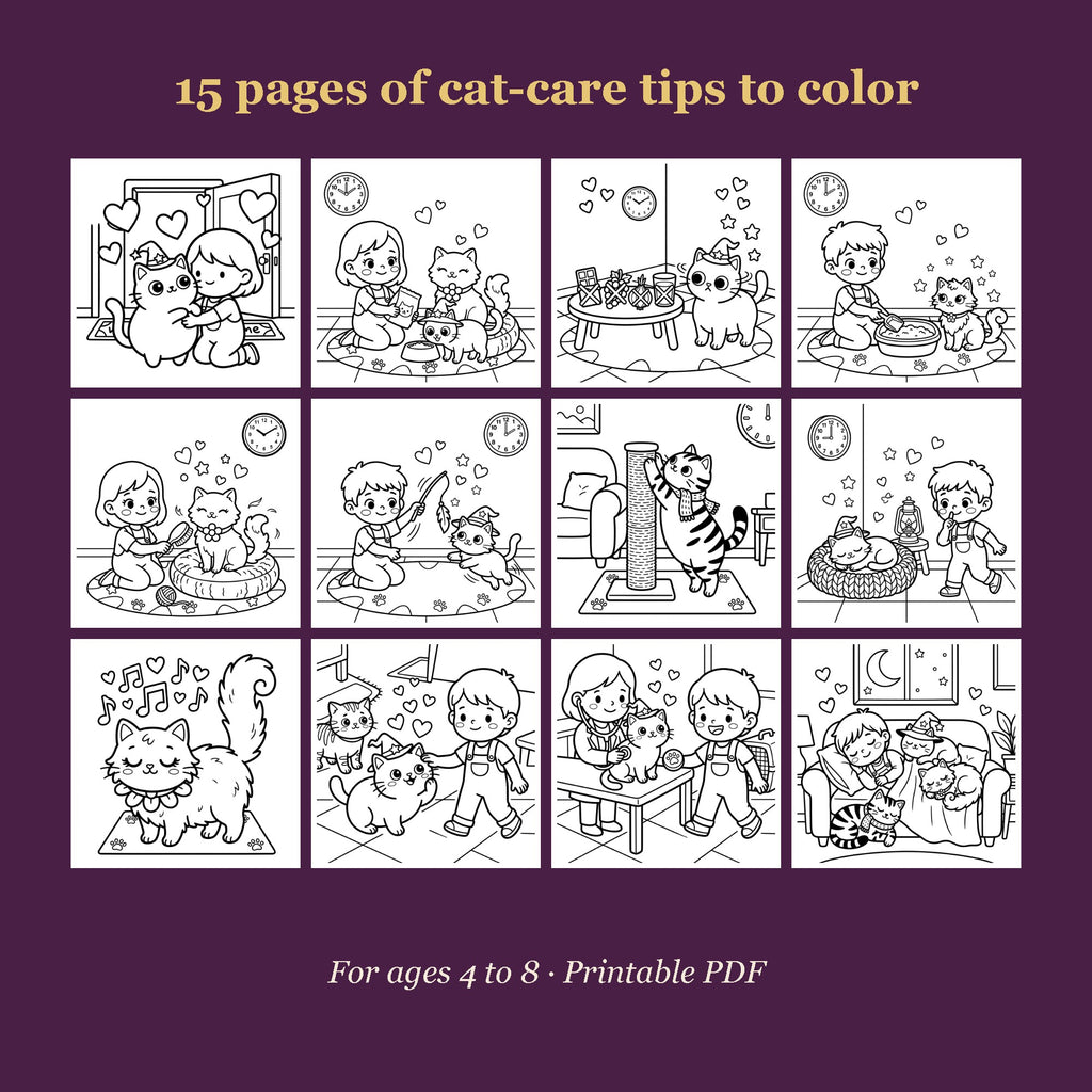 Inside pages of the cat care coloring book (AI-styled image)