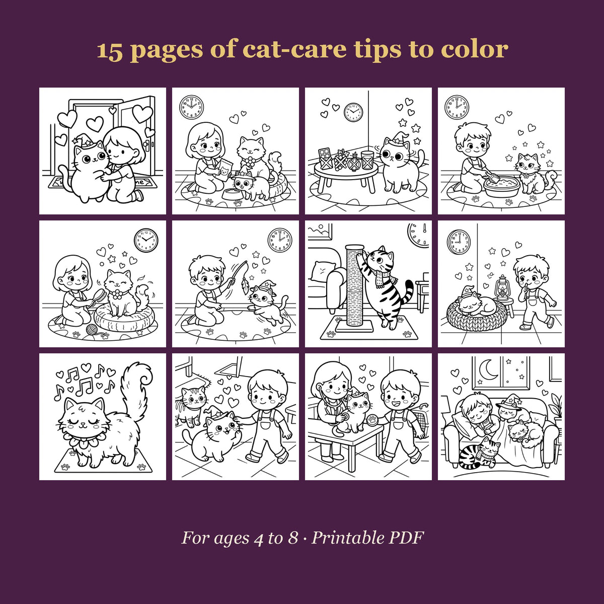 Inside pages of the cat care coloring book (AI-styled image)