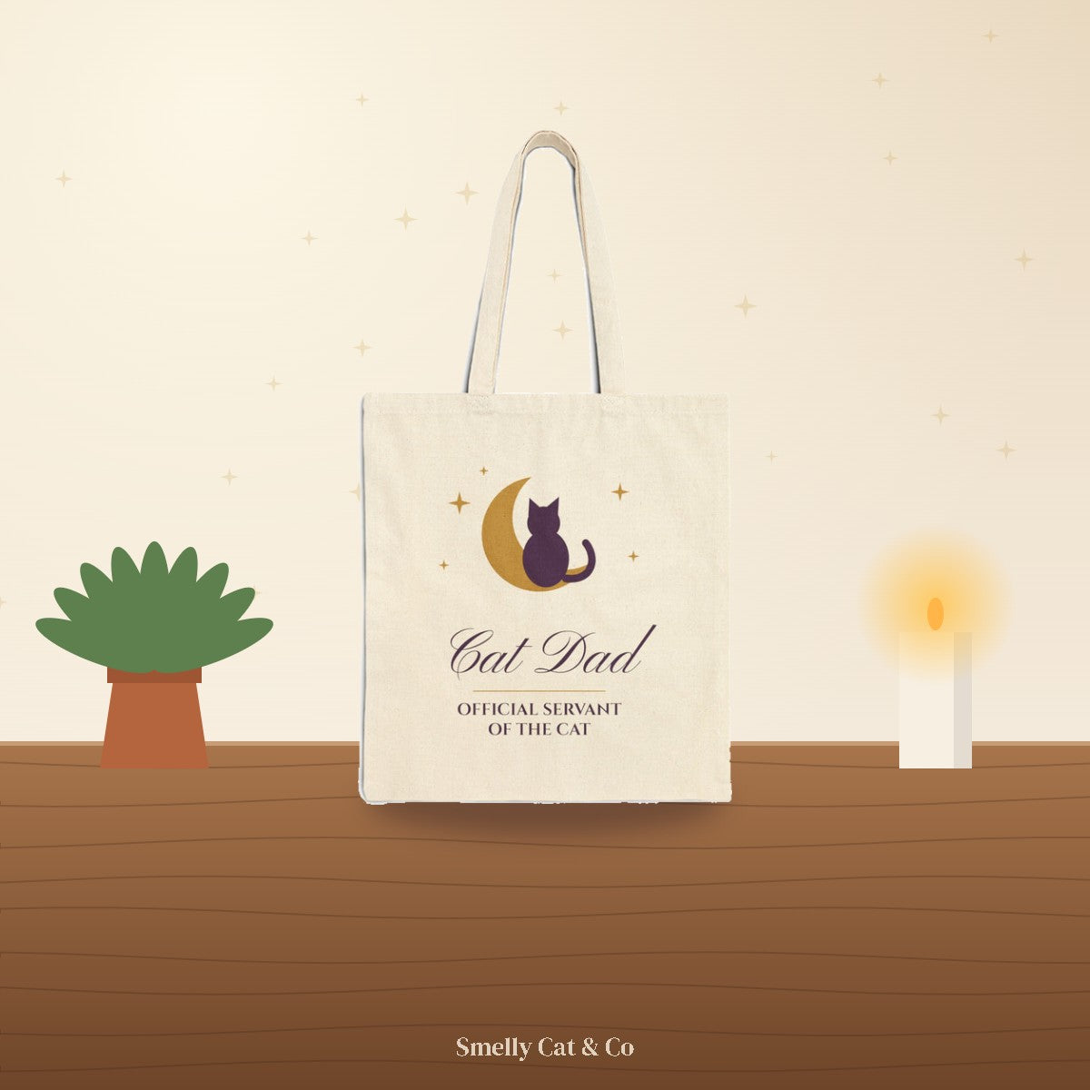 Cat Dad tote bag on a cozy wooden table (product photo on an illustrated background)