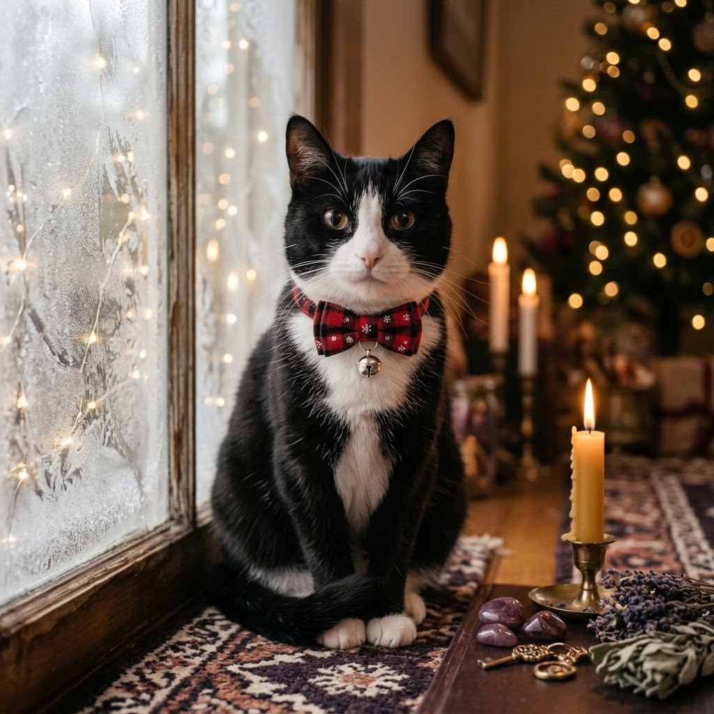 Tuxedo cat wearing a red plaid Christmas bow collar with bell (AI-styled image)
