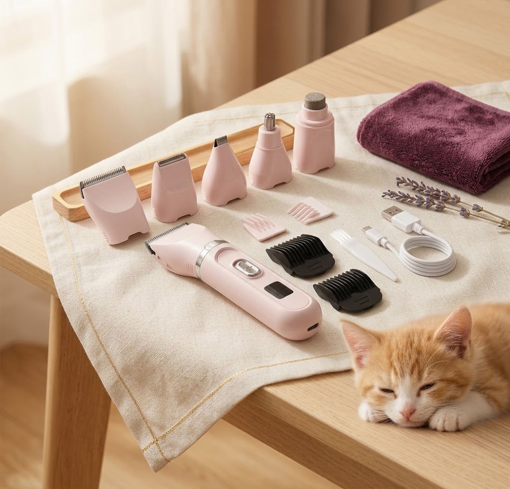Pink 4-in-1 clipper and nail grinder set laid out on linen with a sleepy kitten (AI-styled image)
