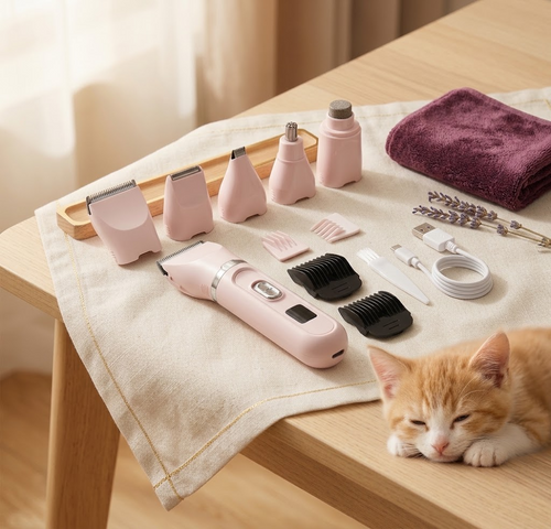 Pink 4-in-1 clipper and nail grinder set laid out on linen with a sleepy kitten (AI-styled image)