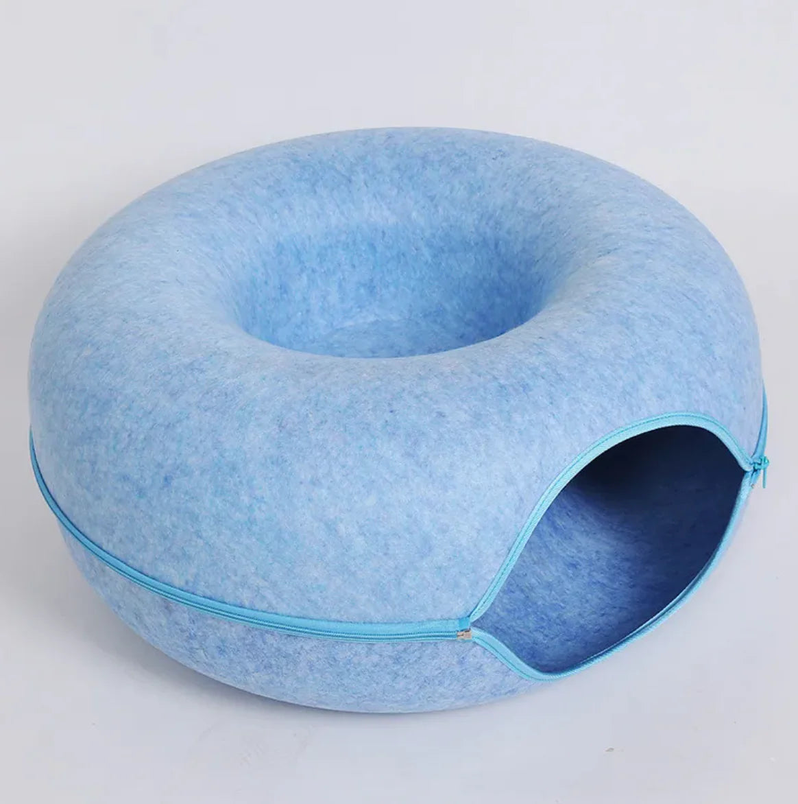 Blue felt cat tunnel bed