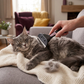 Grey Maine Coon being brushed with the de-shedding brush (AI-styled image)