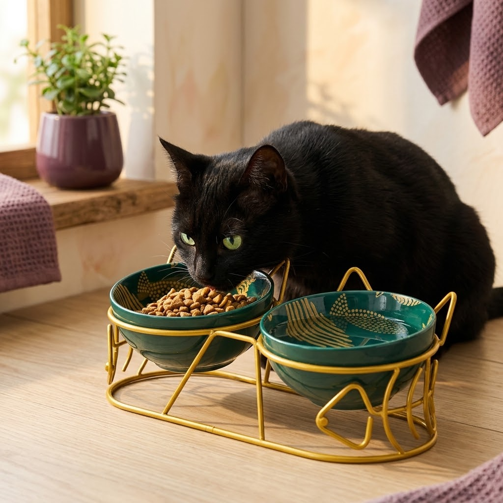 Black cat eating from the green ceramic double bowl on its gold cat-ear stand (AI-styled image)