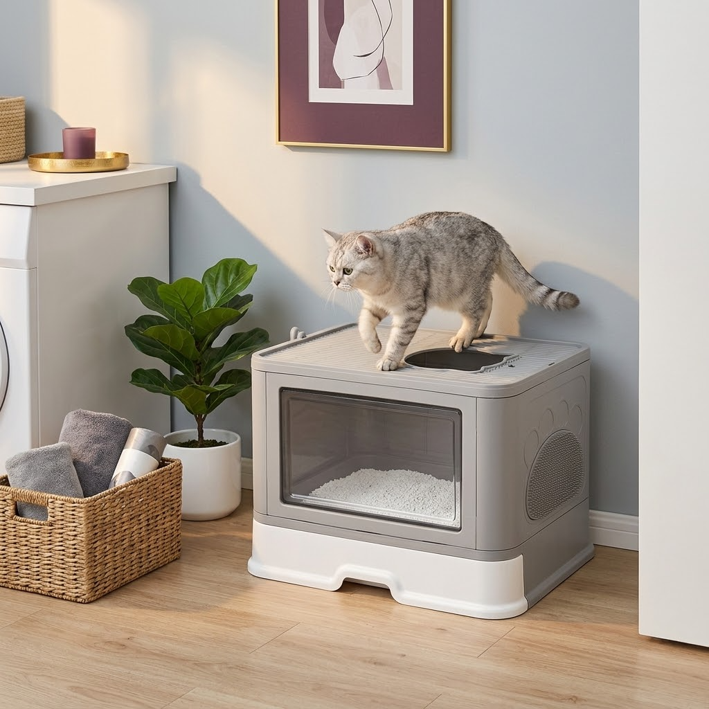 Silver tabby cat stepping out of the top of the grey foldable drawer litter box (AI-styled image)